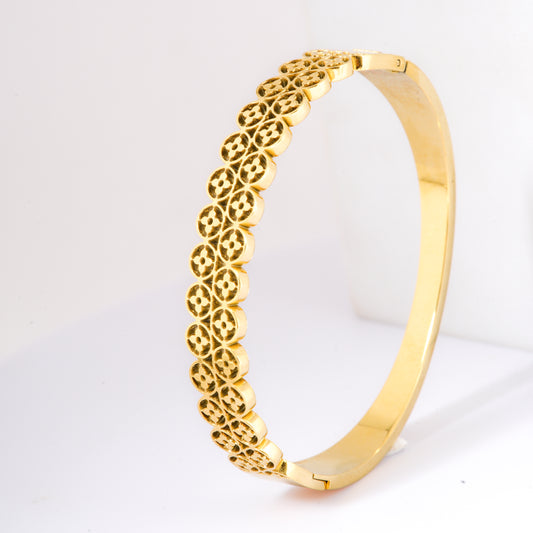Mahttab Floral Lace Bracelet | Gold Finished Steel Bangle with Double Row Cutout Floral Motifs | Lightweight Romantic Bracelet for Daily and Festive Wear