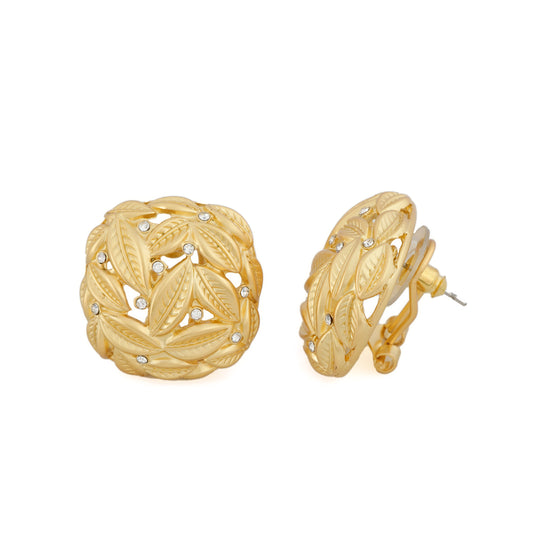 Artisan-Inspired Gold-Plated Woven Leaf Motif Earrings with Diamond Accents for Contemporary Heritage Glamour