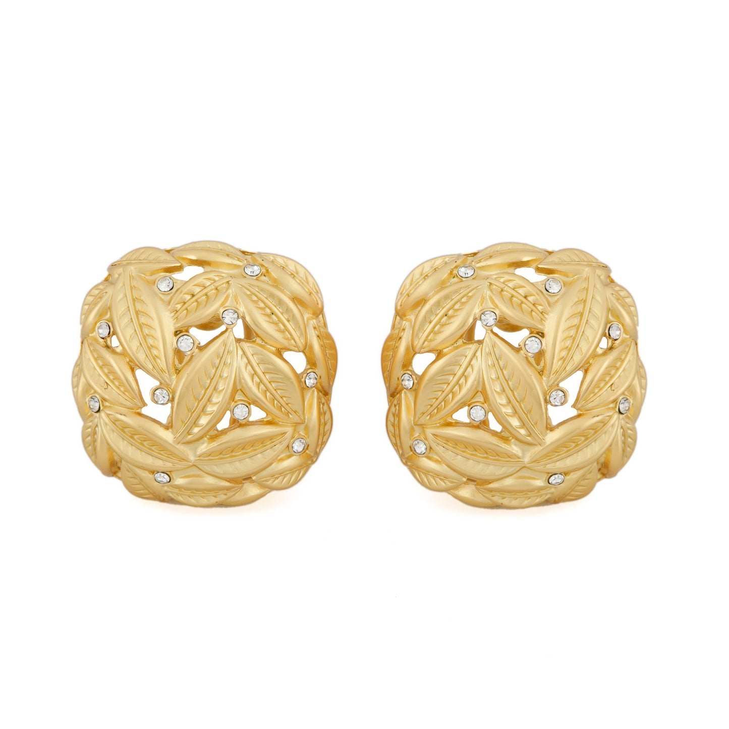 Artisan-Inspired Gold-Plated Woven Leaf Motif Earrings with Diamond Accents for Contemporary Heritage Glamour
