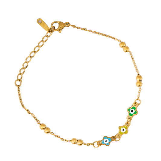 Mahttab Blooming Luck Bracelet | Gold Tone Chain with Flower Evil Eye Charms and Polished Beads | Chic Protective Bracelet for Everyday Wear and Layering
