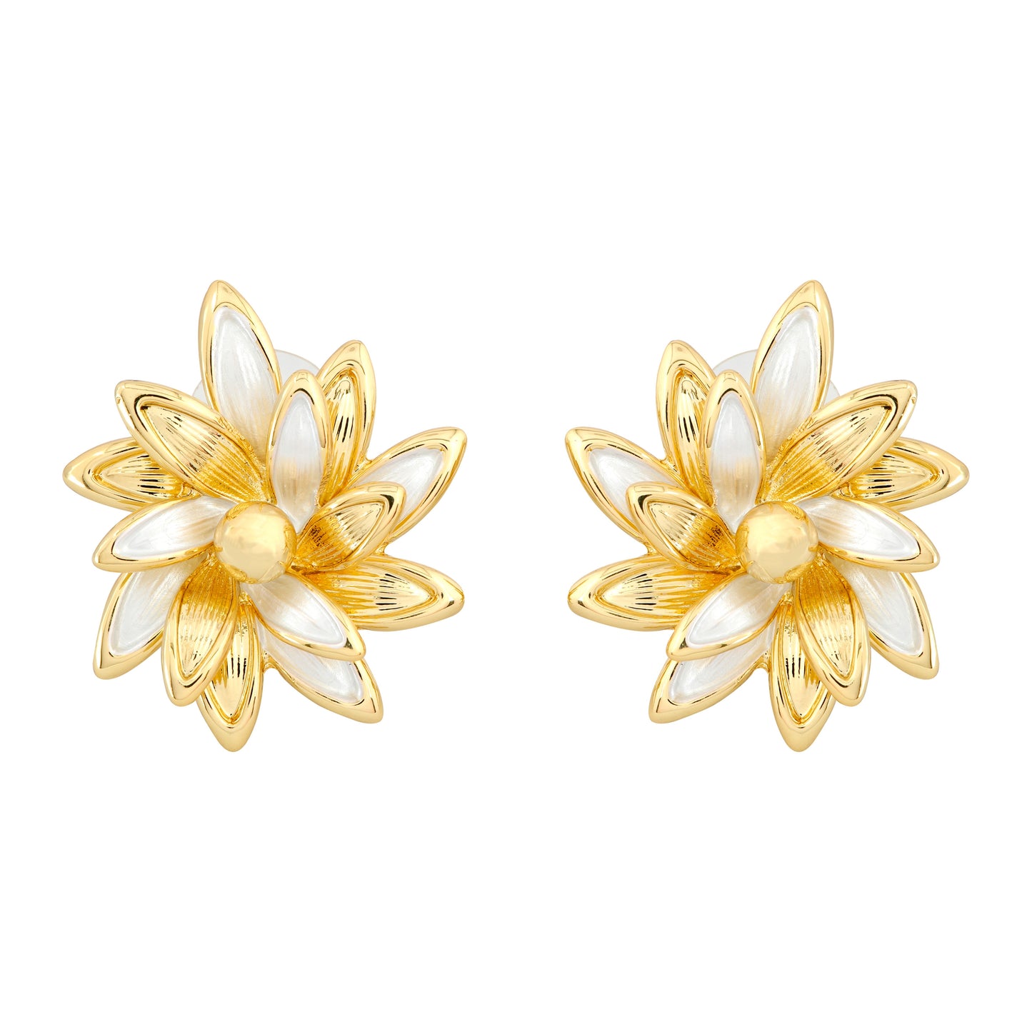 Exquisite Gold-Plated Floral Bloom Earrings Featuring Layered White Enamel Petals and Polished Golden Accents for Sophisticated Charm