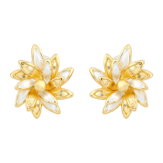 Exquisite Gold-Plated Floral Bloom Earrings Featuring Layered White Enamel Petals and Polished Golden Accents for Sophisticated Charm