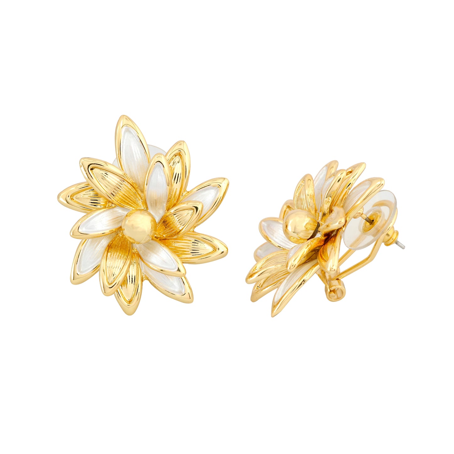 Exquisite Gold-Plated Floral Bloom Earrings Featuring Layered White Enamel Petals and Polished Golden Accents for Sophisticated Charm