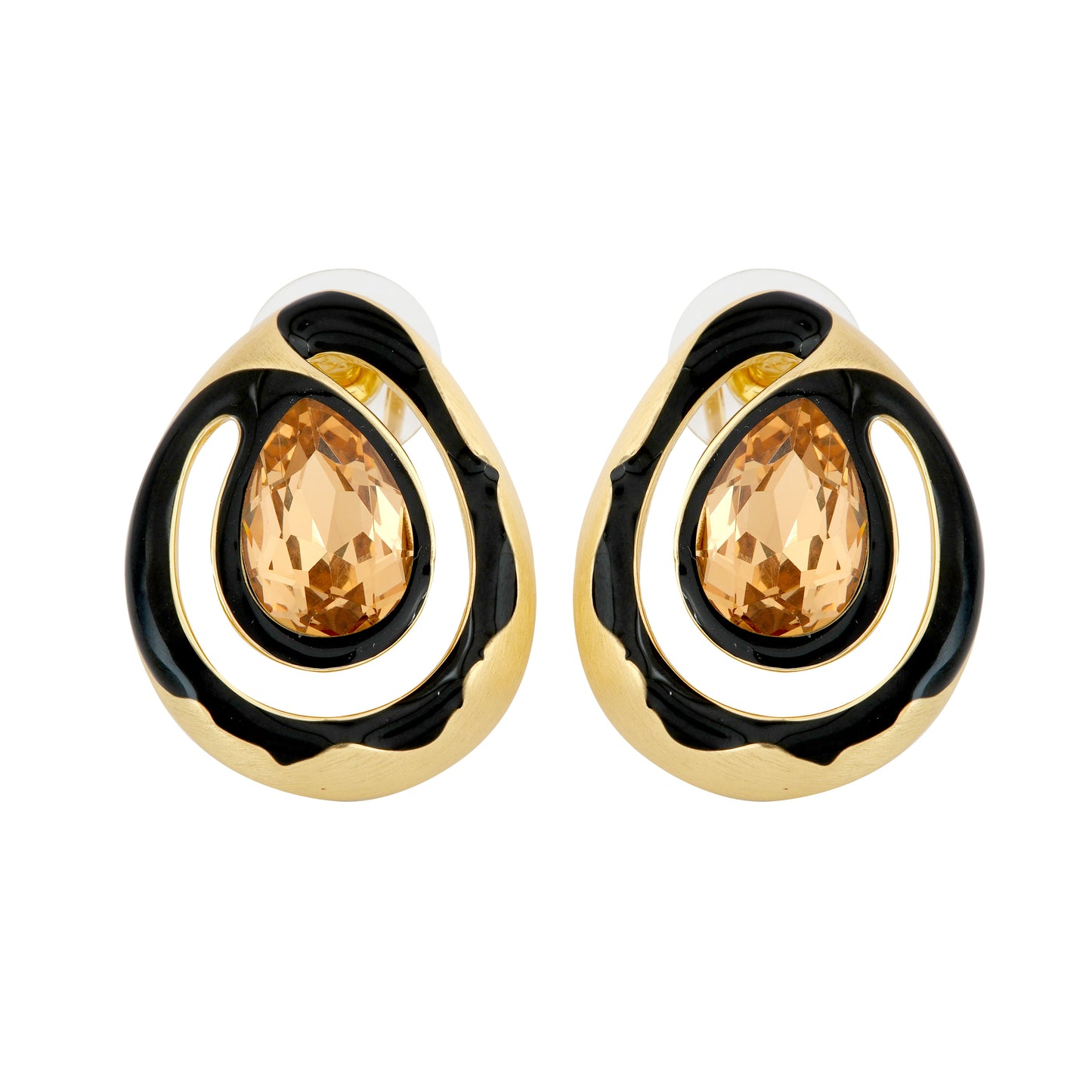 Golden Teardrop Earrings with Amber-Colored Gemstone and Black Enamel Accents