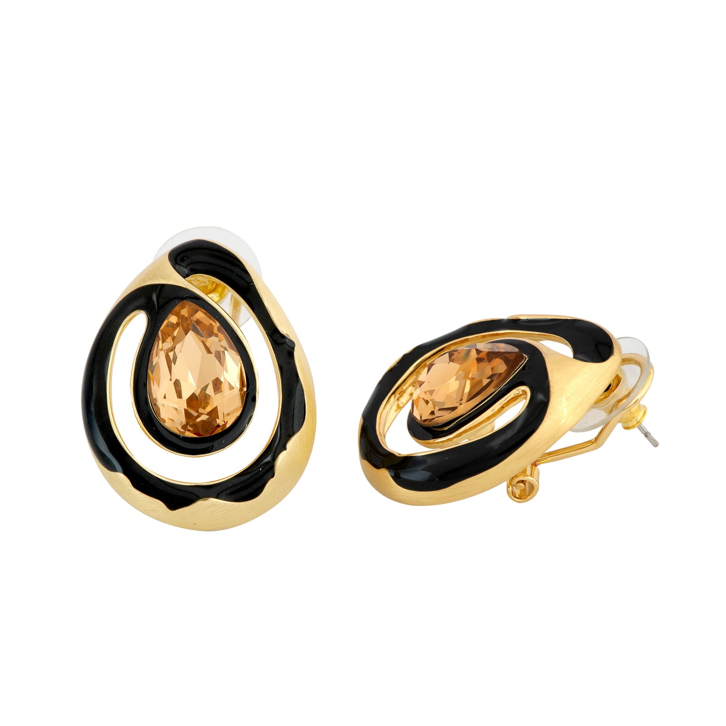 Golden Teardrop Earrings with Amber-Colored Gemstone and Black Enamel Accents