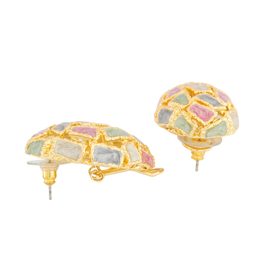 Gold-Plated Oval Mosaic Earrings with Multi-Colored Enamel Detailing for Artistic Flair