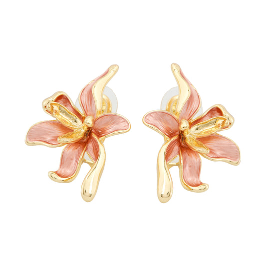 Artistic Gold-Plated Enamel Lily Flower Earrings with Hand-Painted Pink Accents