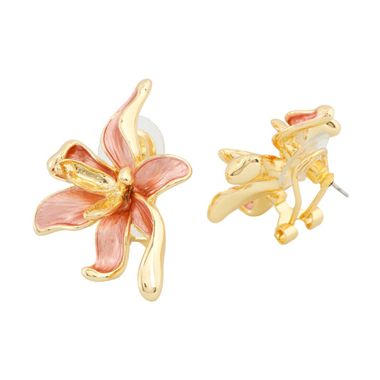 Artistic Gold-Plated Enamel Lily Flower Earrings with Hand-Painted Pink Accents