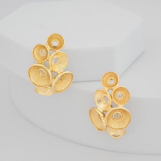 Gold-Plated Abstract Floral Cluster Earrings with Layered Petal Motifs and Contemporary Sculptural Design for Statement Elegance