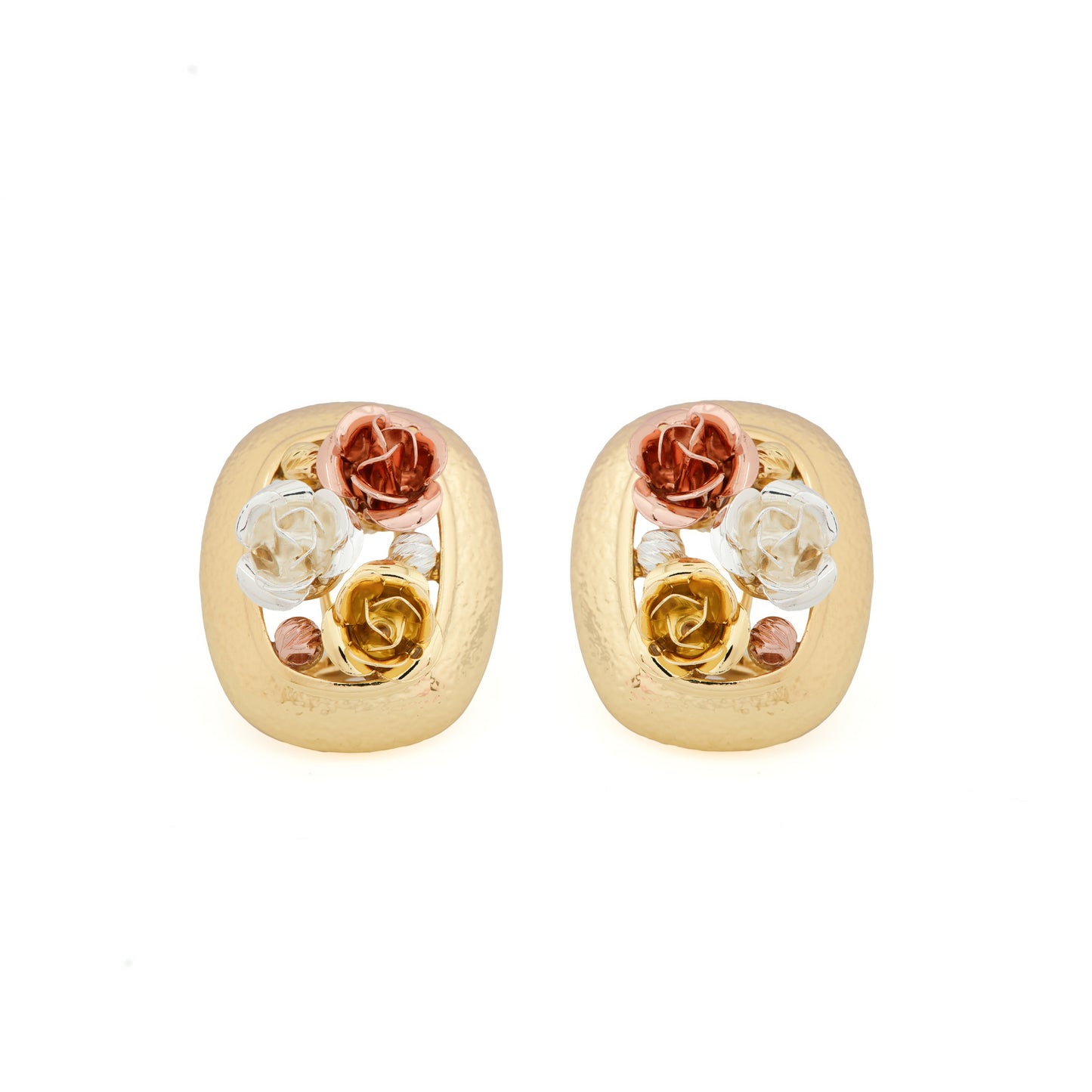 Elegant Gold-Plated Stud Earrings with Intricate Three-Tone Rose Motif in White, Yellow, and Rose Gold Finish for Timeless Floral Charm