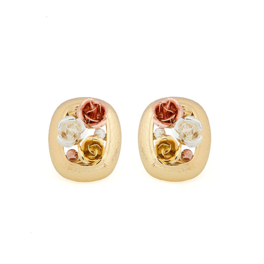Elegant Gold-Plated Stud Earrings with Intricate Three-Tone Rose Motif in White, Yellow, and Rose Gold Finish for Timeless Floral Charm