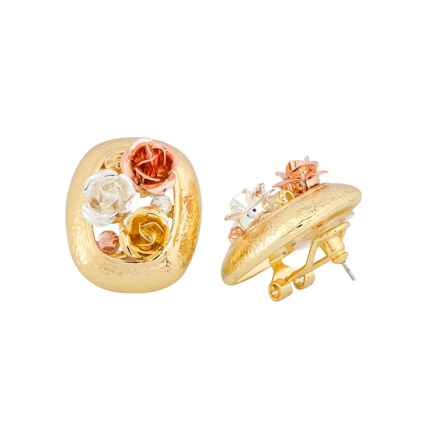 Elegant Gold-Plated Stud Earrings with Intricate Three-Tone Rose Motif in White, Yellow, and Rose Gold Finish for Timeless Floral Charm