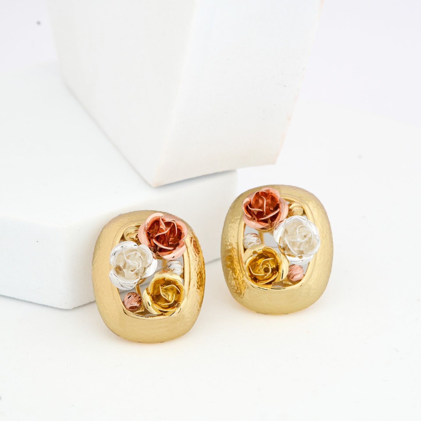 Elegant Gold-Plated Stud Earrings with Intricate Three-Tone Rose Motif in White, Yellow, and Rose Gold Finish for Timeless Floral Charm