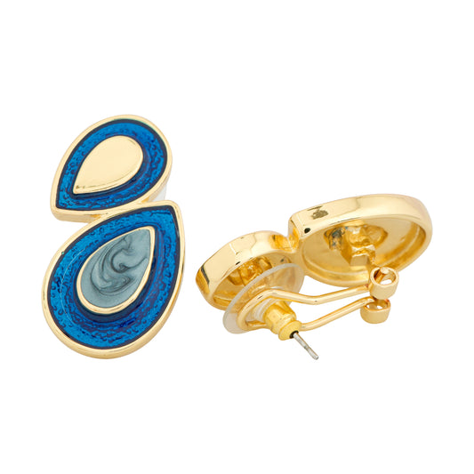 Elegant Dual-Tone Blue Enamel and Gold-Plated Teardrop Earrings with Artistic Marble Finish for Festive and Modern Styling