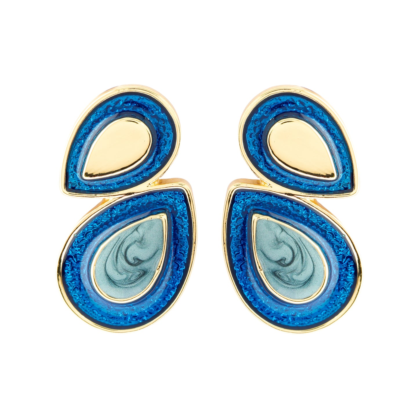 Elegant Dual-Tone Blue Enamel and Gold-Plated Teardrop Earrings with Artistic Marble Finish for Festive and Modern Styling