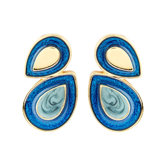 Elegant Dual-Tone Blue Enamel and Gold-Plated Teardrop Earrings with Artistic Marble Finish for Festive and Modern Styling