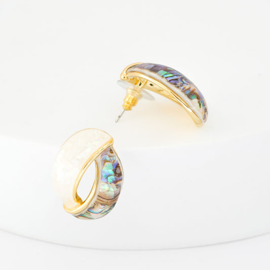Iridescent Abalone Shell and White Enamel Gold Hoop Earrings – Modern Statement Design with Oceanic Elegance