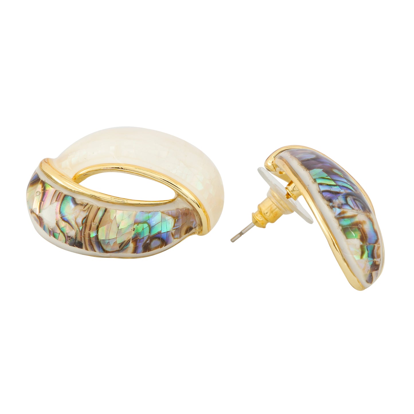 Iridescent Abalone Shell and White Enamel Gold Hoop Earrings – Modern Statement Design with Oceanic Elegance