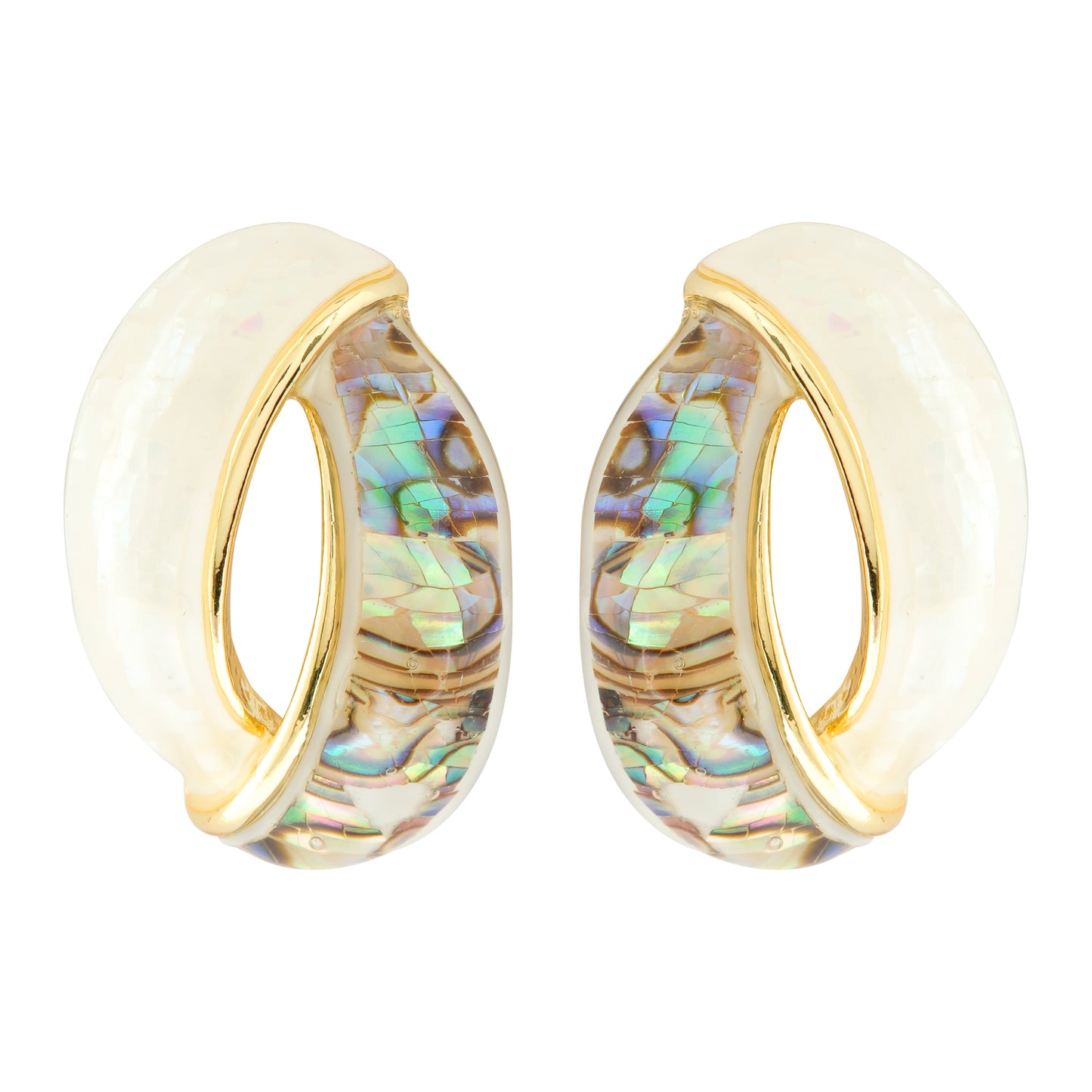 Iridescent Abalone Shell and White Enamel Gold Hoop Earrings – Modern Statement Design with Oceanic Elegance