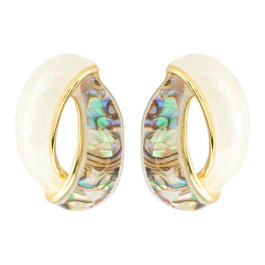 Iridescent Abalone Shell and White Enamel Gold Hoop Earrings – Modern Statement Design with Oceanic Elegance