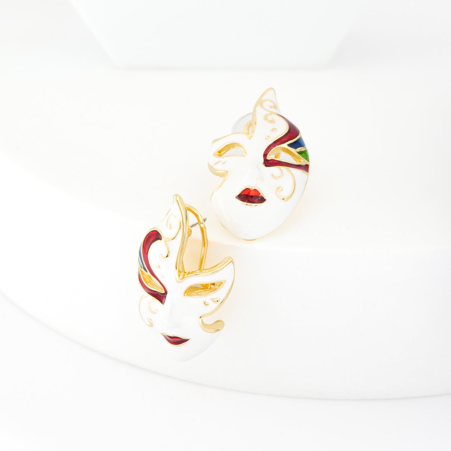 Exquisite Enamel Painted Mask-Inspired Statement Earrings | Artistic Multicolor Design with Gold Accents for Bold Fashion Looks