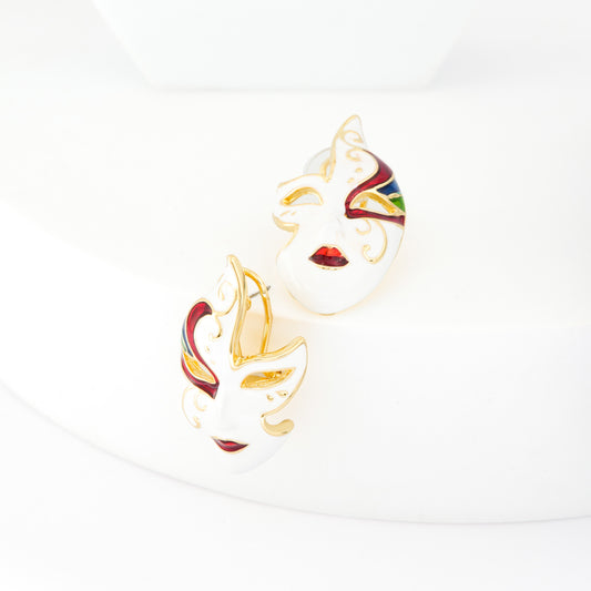 Exquisite Enamel Painted Mask-Inspired Statement Earrings | Artistic Multicolor Design with Gold Accents for Bold Fashion Looks