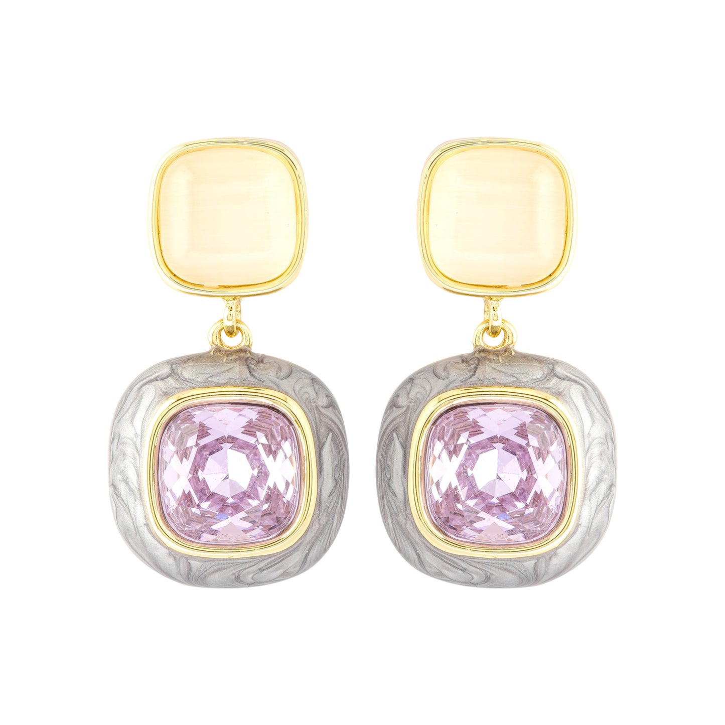 Gold-Plated Dual-Tone Drop Earrings with Cream Enamel Studs and Cushion-Cut Lavender Stone Accents in Textured Silver Frame for Modern Elegance