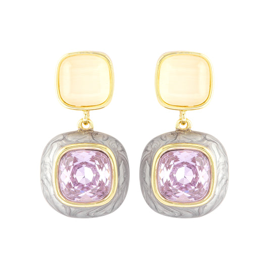 Gold-Plated Dual-Tone Drop Earrings with Cream Enamel Studs and Cushion-Cut Lavender Stone Accents in Textured Silver Frame for Modern Elegance