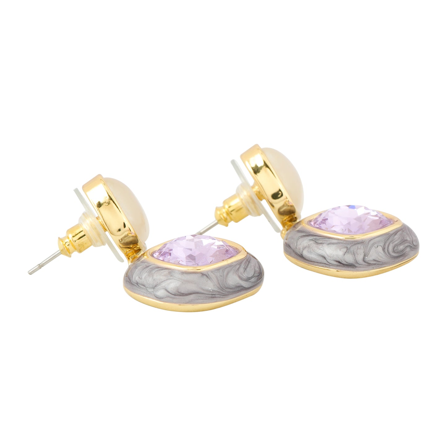 Gold-Plated Dual-Tone Drop Earrings with Cream Enamel Studs and Cushion-Cut Lavender Stone Accents in Textured Silver Frame for Modern Elegance