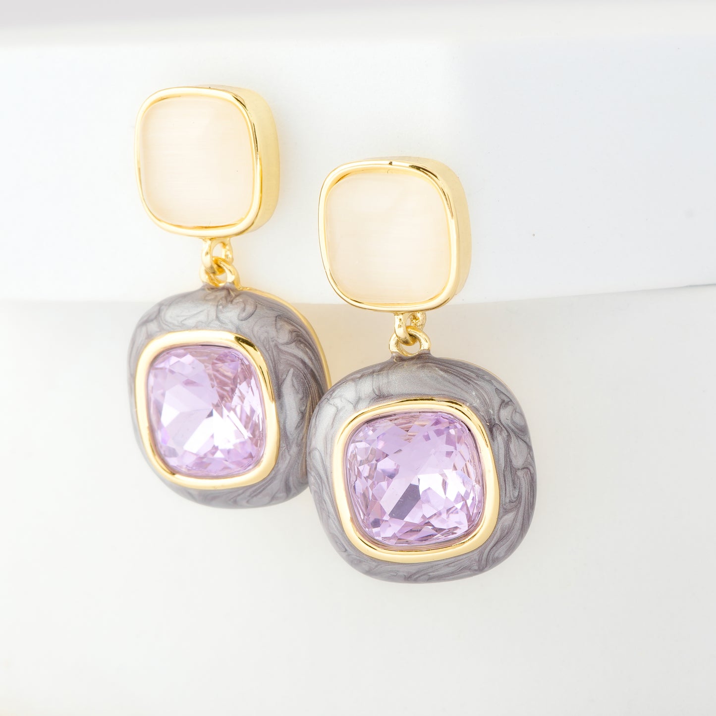 Gold-Plated Dual-Tone Drop Earrings with Cream Enamel Studs and Cushion-Cut Lavender Stone Accents in Textured Silver Frame for Modern Elegance