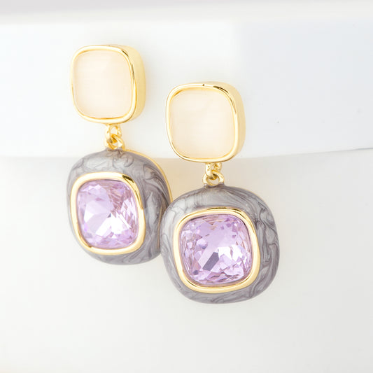 Gold-Plated Dual-Tone Drop Earrings with Cream Enamel Studs and Cushion-Cut Lavender Stone Accents in Textured Silver Frame for Modern Elegance