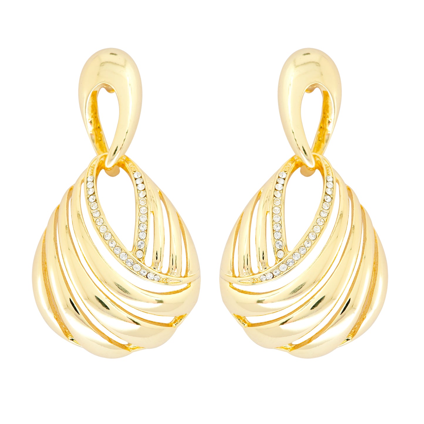 Gold-Plated Teardrop Swirl Earrings with Diamond-Like Accents for Timeless Elegance and Modern Sophistication