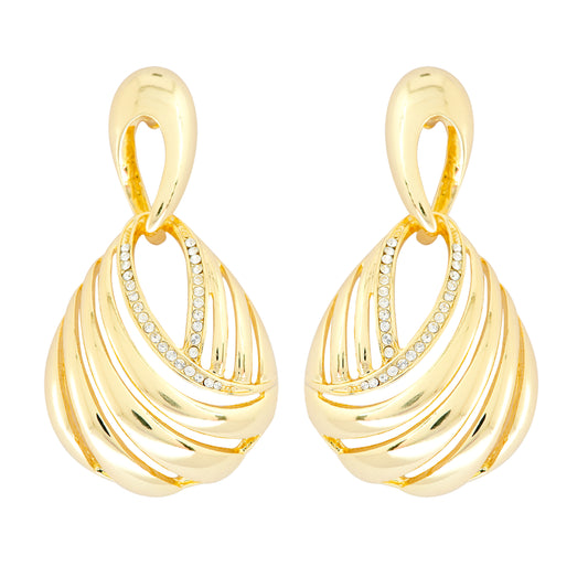 Gold-Plated Teardrop Swirl Earrings with Diamond-Like Accents for Timeless Elegance and Modern Sophistication