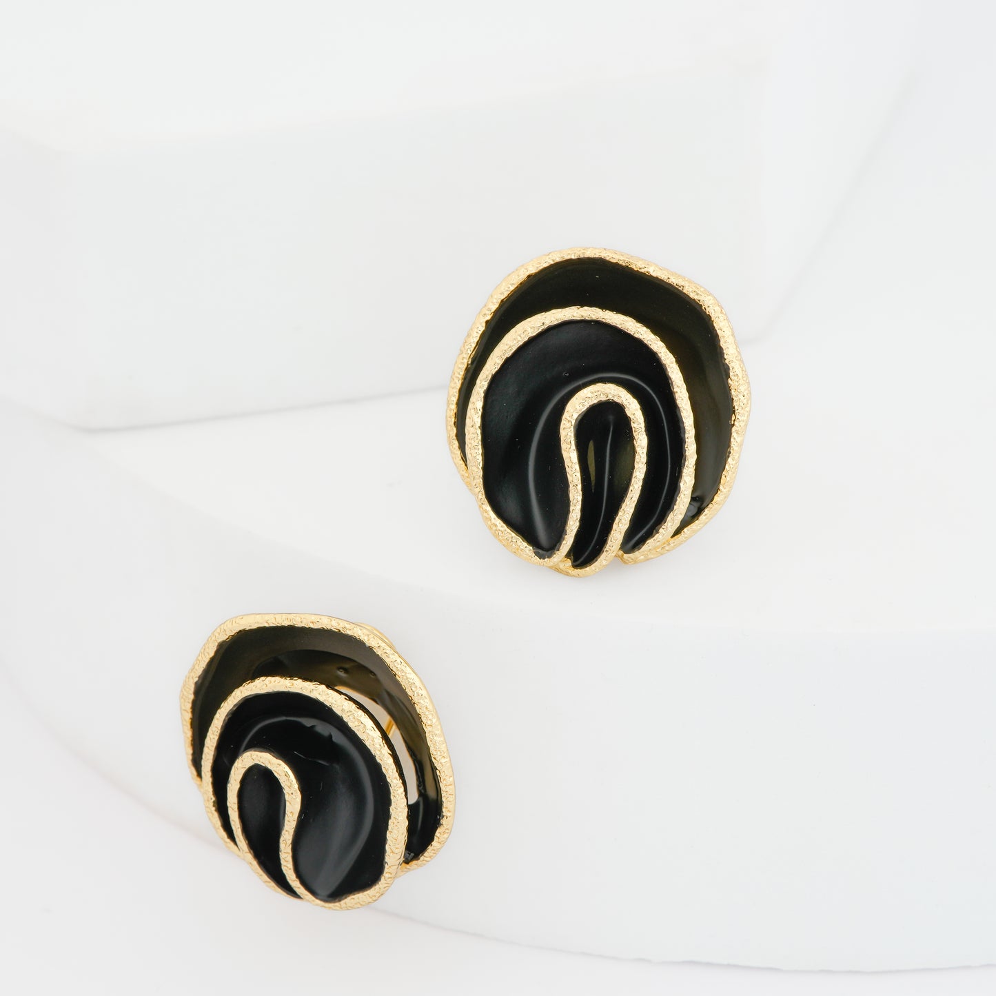 Gold-Plated Abstract Floral Stud Earrings with Black Enamel Accents and Organic Petal-Inspired Design for Contemporary Chic