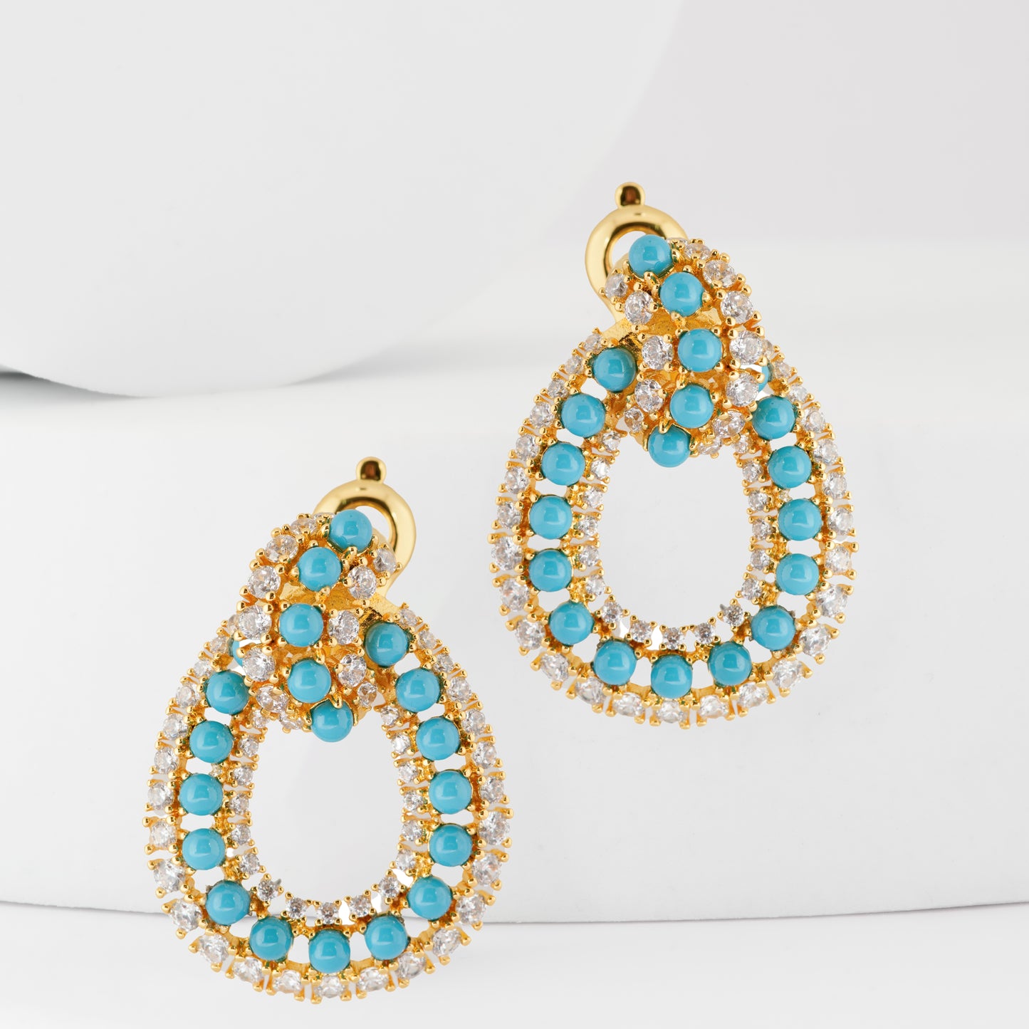Turquoise and Diamond-Accented Gold Teardrop Earrings – Elegant Statement Jewelry for Festive and Evening Glamour