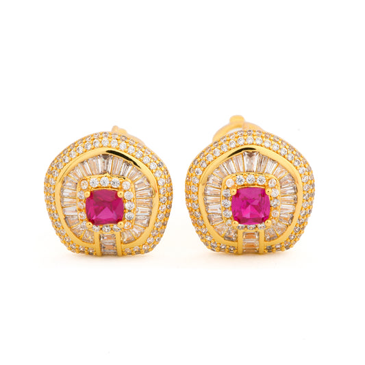 Gold-Plated Ruby Red Stud Earrings with Diamond Halo and Intricate Detailing | Timeless Luxury Jewelry for Special Occasions