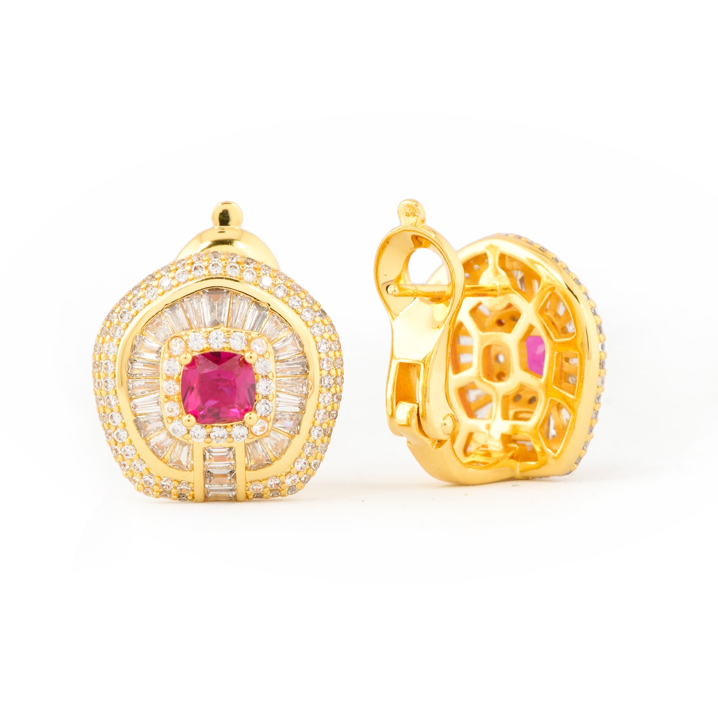 Gold-Plated Ruby Red Stud Earrings with Diamond Halo and Intricate Detailing | Timeless Luxury Jewelry for Special Occasions