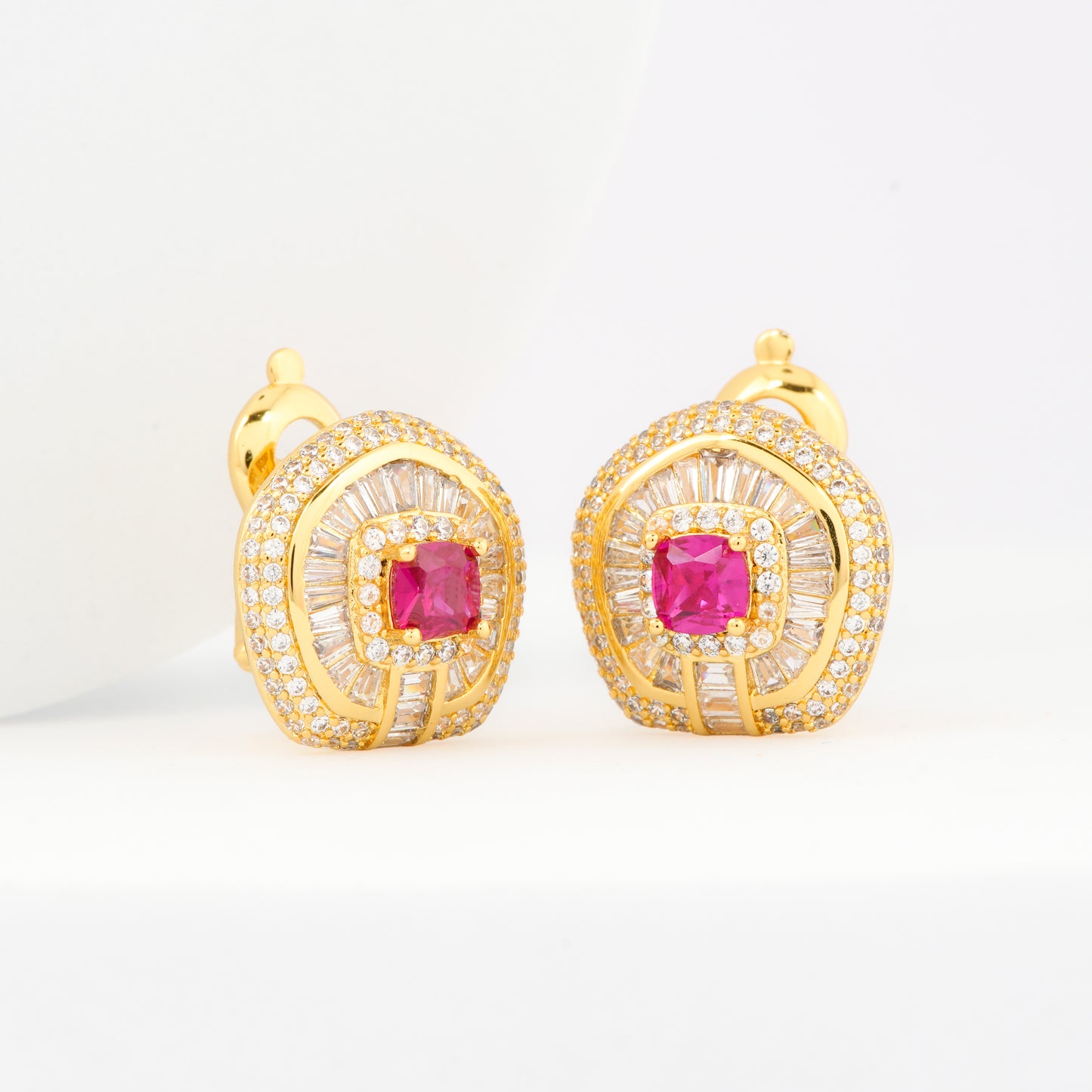 Gold-Plated Ruby Red Stud Earrings with Diamond Halo and Intricate Detailing | Timeless Luxury Jewelry for Special Occasions