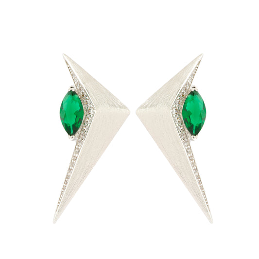 Silver Angular Statement Earrings with Emerald Green Center – Modern Geometric Design for Contemporary Elegance