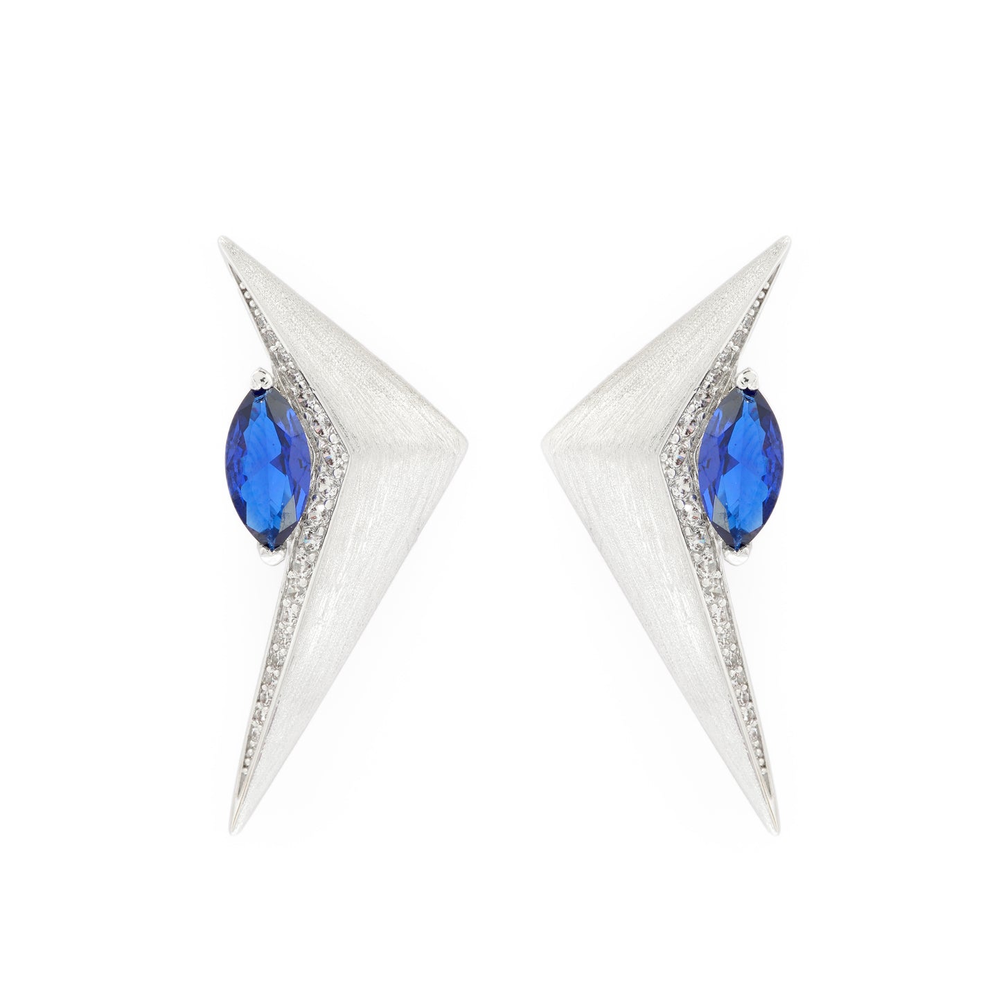 Contemporary White Gold V-Shape Earrings with Blue Sapphire Center and Diamond Accents – Bold Geometric Statement Jewelry