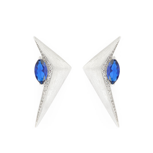 Contemporary White Gold V-Shape Earrings with Blue Sapphire Center and Diamond Accents – Bold Geometric Statement Jewelry