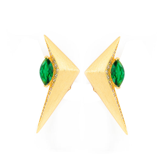 Geometric Gold V-Shape Earrings with Marquise Emerald Center and Diamond Detailing – Bold Contemporary Luxury
