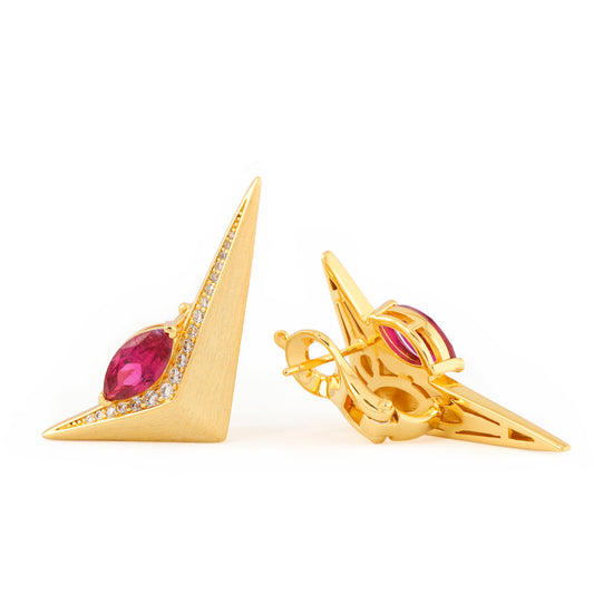 Modern Geometric Gold V-Shape Earrings with Marquise Ruby Center and Diamond Accents – Luxury Statement Jewelry