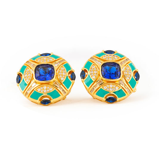 Majestic Blue Sapphire and Diamond Enamel Stud Earrings in Gold – Bold Circular Design with Royal Blue Centerpiece and Emerald Green Accents