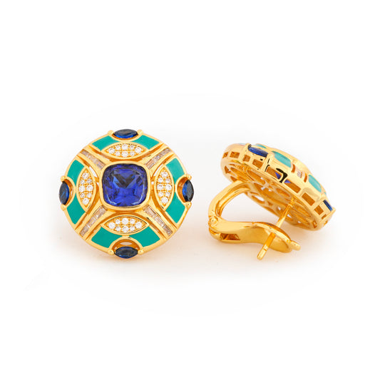 Majestic Blue Sapphire and Diamond Enamel Stud Earrings in Gold – Bold Circular Design with Royal Blue Centerpiece and Emerald Green Accents