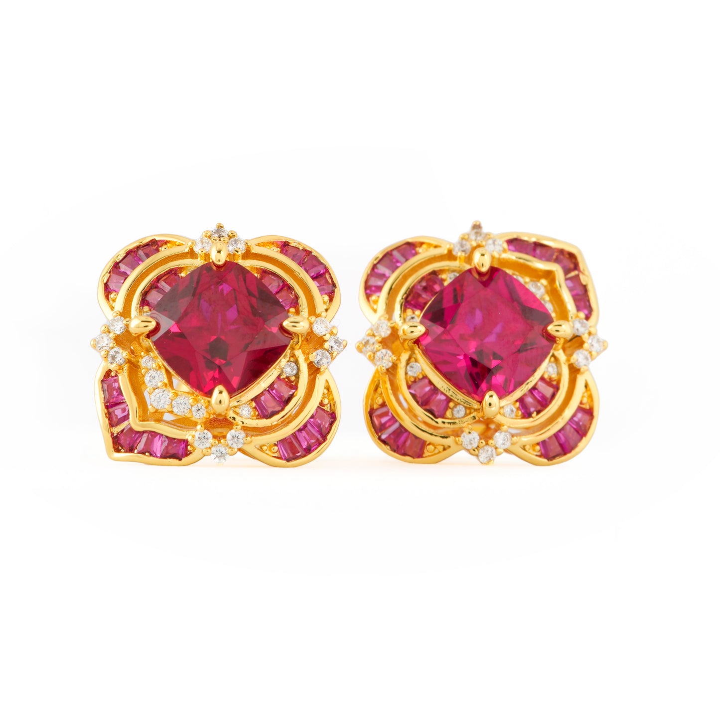 Radiant Ruby Red Stud Earrings with Diamond Accents in a Gold Floral Frame – Luxury Jewelry for Weddings, Festive Celebrations, and Elegant Evenings