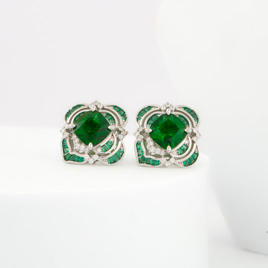 Exquisite Green Emerald Stud Earrings with Diamond Detailing in a Silver Floral Frame | Elegant Jewelry for Weddings, Parties, and Everyday Sophistication