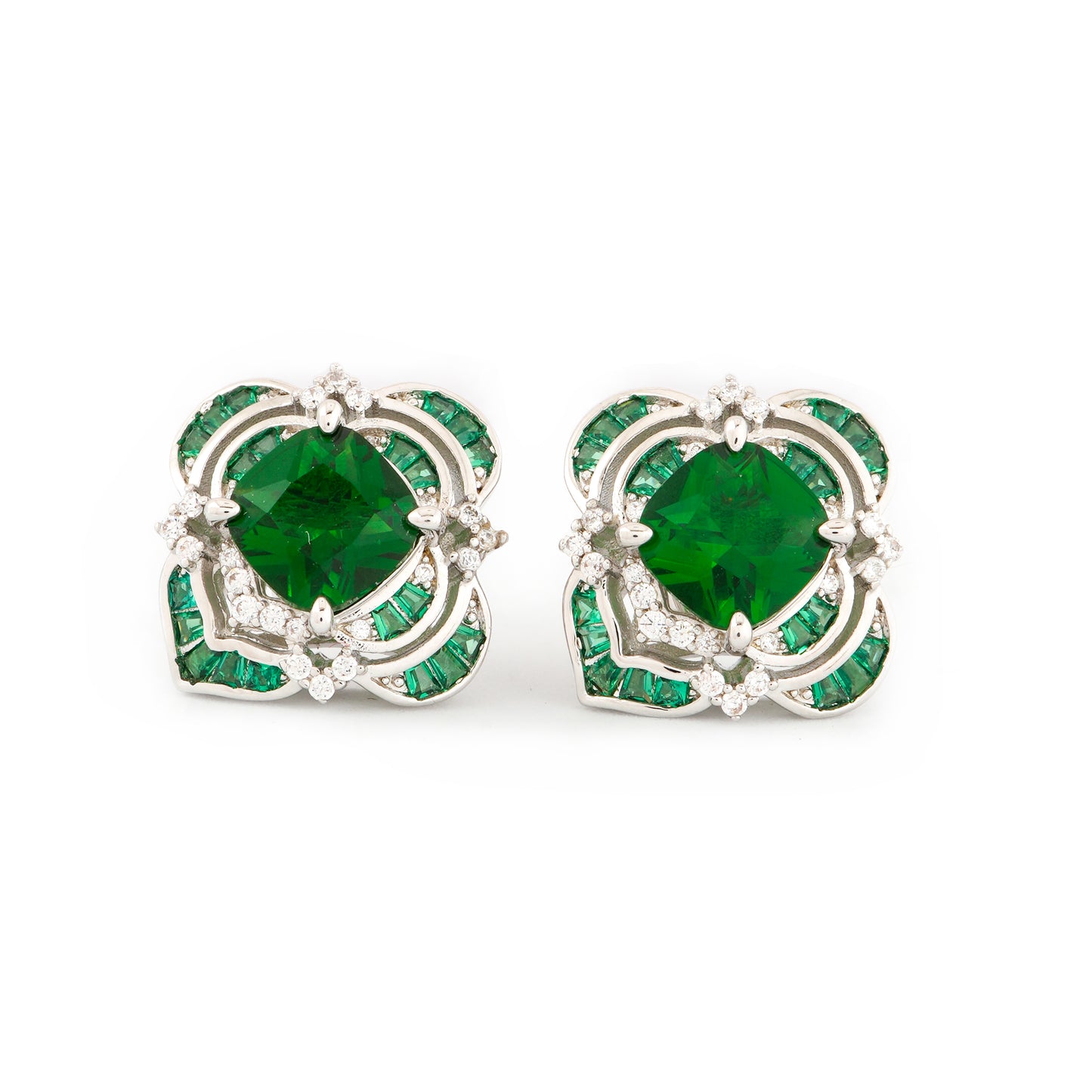 Exquisite Green Emerald Stud Earrings with Diamond Detailing in a Silver Floral Frame | Elegant Jewelry for Weddings, Parties, and Everyday Sophistication