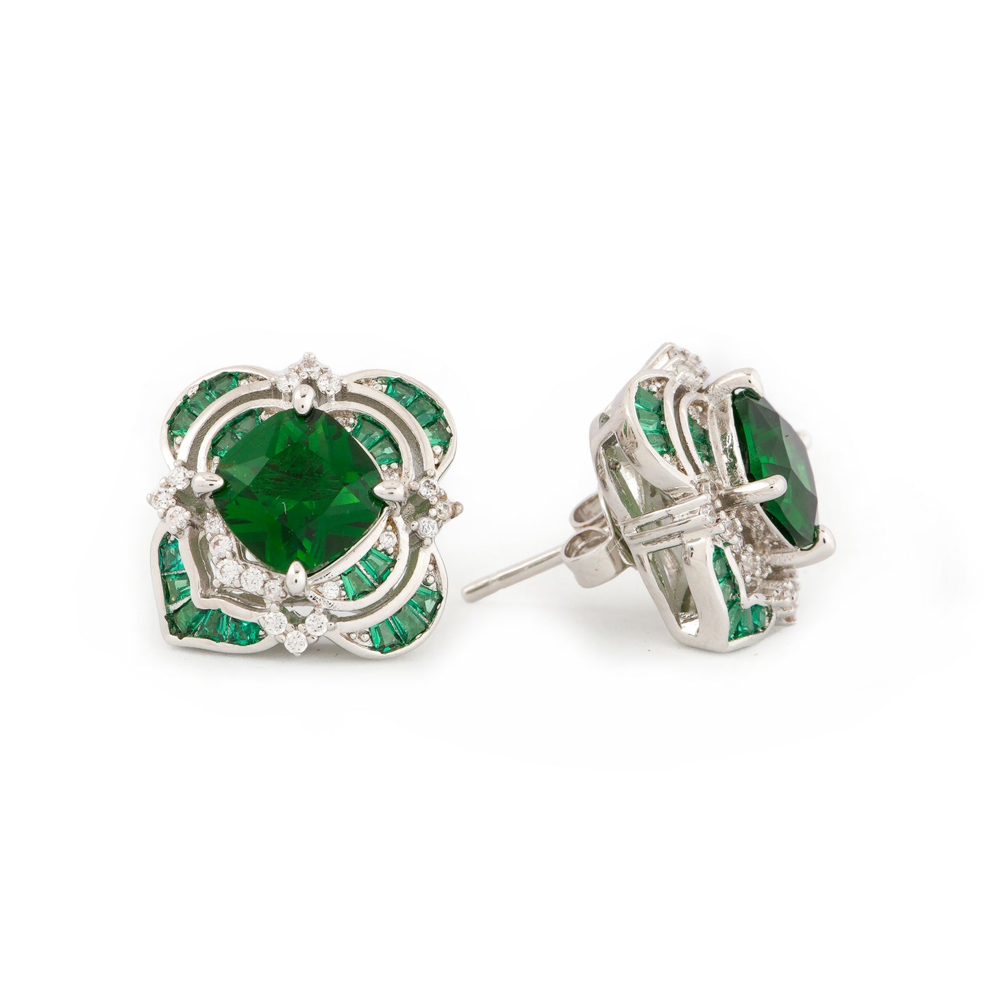 Exquisite Green Emerald Stud Earrings with Diamond Detailing in a Silver Floral Frame | Elegant Jewelry for Weddings, Parties, and Everyday Sophistication