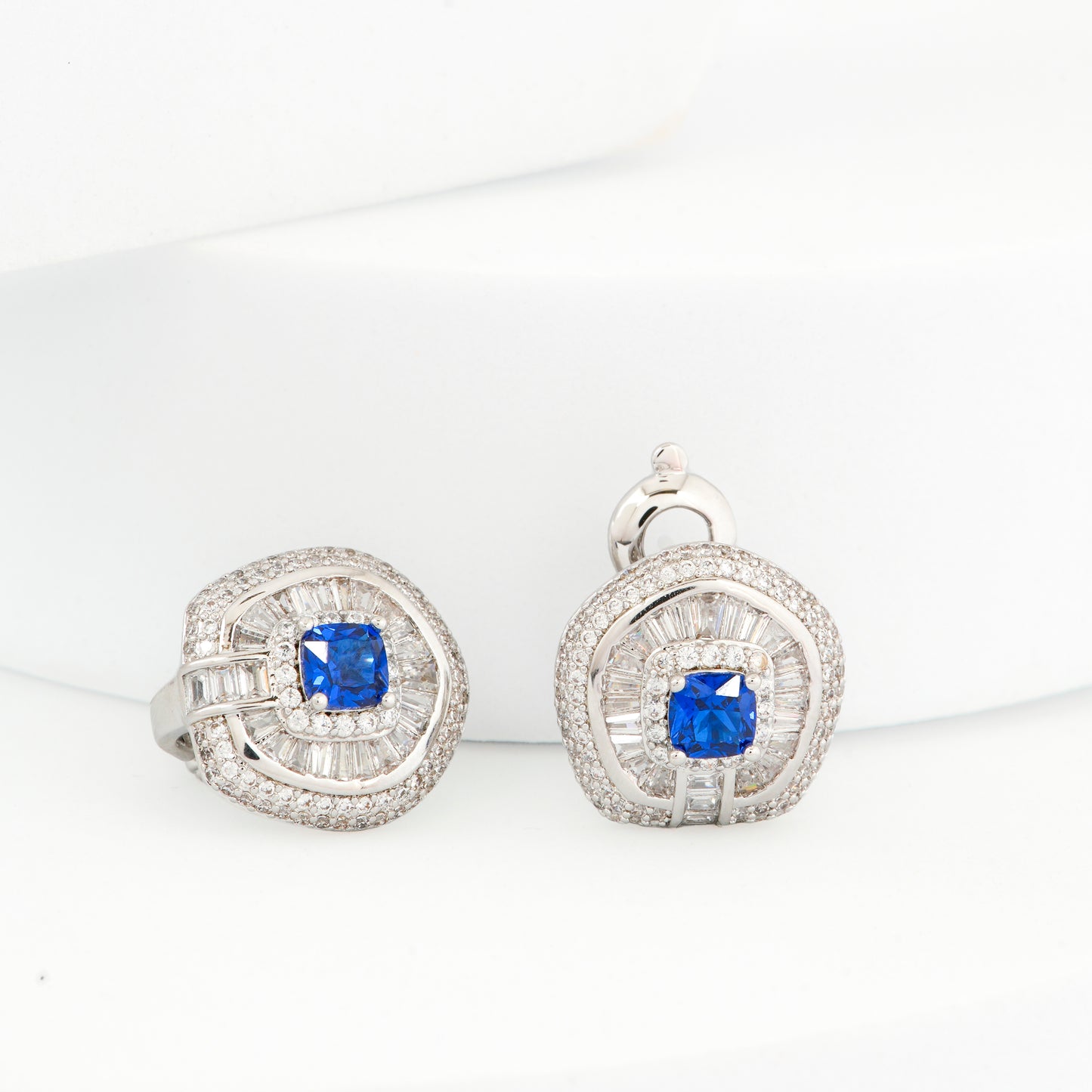 Exquisite Silver-Toned Blue Sapphire Earrings with Diamond Halo and Baguette Detailing | Luxury Statement Jewelry for Weddings, Parties, and Special Celebrations